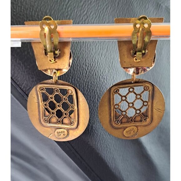 Vintage Marjorie Baer SF Clip-On Earrings Brutalist Mixed Metal Statement Dangle - Picture 2 of 8